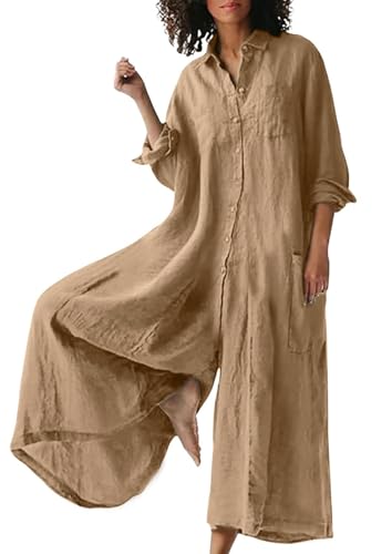 CHARTOU Women Linen Button Down Long Sleeve Wide Leg...
