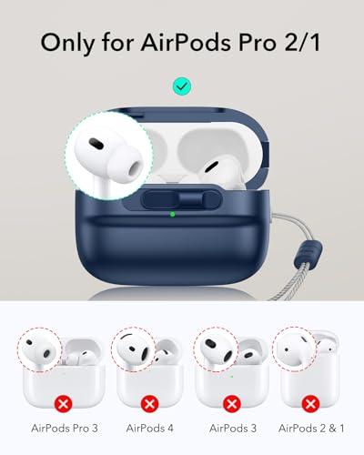 Image of ESR for AirPods Pro 2 Case (2023 /2022 /2019, 2nd /1st Gen), Compatible with AirPods Pro 2 (USB-C /Lightning Cable), MagSafe Ready, Magnetic Lid Lock, Full Drop Protection Cover with Lanyard, Navy Blue
