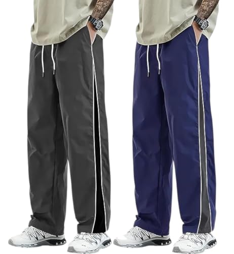 Image of Men's Track Pants Combo Pack of 2 | Loose Fit Sports Joggers with Side Stripe | Elastic Waist with Drawstring | Casual Gym Running Workout Pants
