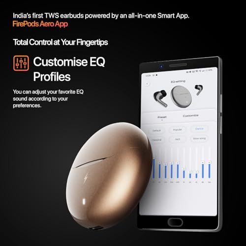 Image of Fire-Boltt Aero TWS Earbuds Custom EQ, Wireless Bluetooth 5.4, Music & App Support, 50H Playtime, Fast Charging Case, 50ms Low Latency for Gaming, Touch Controls, IPX4 Waterproof-Gold Metal