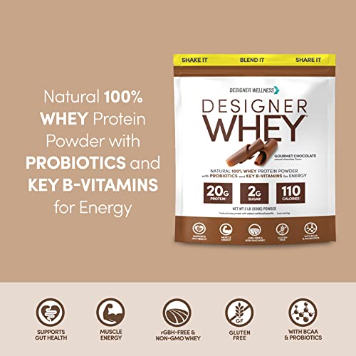 Image of Designer Wellness, Designer Whey, Natural Whey Protein Powder with Probiotics, Fiber, and Key B-Vitamins for Energy, Gluten-Free, Gourmet Chocolate, 2 lb