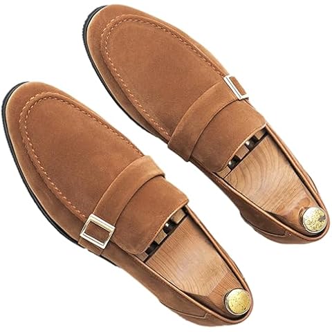 Galonfulty Men's Suede Penny Loafers Fashionable Metal Buckle Luxury Banquet Party Dress Shoes Comfortable Slip-On Moccasin Driving Loafers (Brown,10) Cover