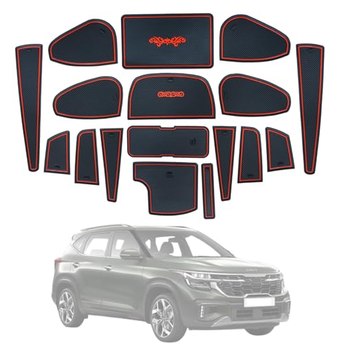 Image of Car Drome | Door Cup Bottle Mat Set for Kia Seltos Facelift 2023 to 2025 | Premium Non Slip Soft Rubber Inserts | Custom Fit 17 Pieces | Red Trim Interior Car Accessories | Dustproof Washable