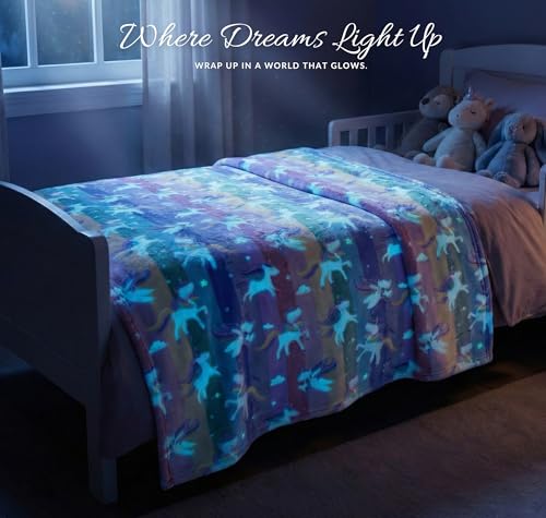 Image of BSB HOME Glow in The Dark Kids Blanket Single Bed Size, Soft Fleece Luminous Bed Throw, Cozy Lightweight Blanket for Boys & Girls (60 x 90 in / 152 x 229 cm) (Unicorn Print - Red Blue & Lavander)