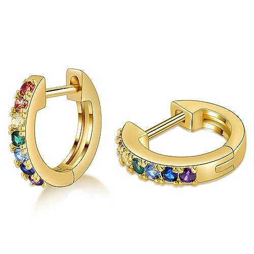 Gacimy Gold Huggie Earrings for Women 14K Real Gold Plated with Multi-Color Cubic Zirconia, 1/2 Inch Small Gold Hoop Earrings Cartilage Ear Cuffs for Women