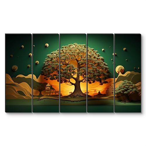 Image of Livin'luxe 5 Panel Tree of Life Wall Art | Majestic Sunset Glow & Temple Silhouettes | Surreal Green & Golden Framed Wall Art for Living Room, Pooja Room & Modern Ethnic Decor (50 x 30 Inch) XL-35419