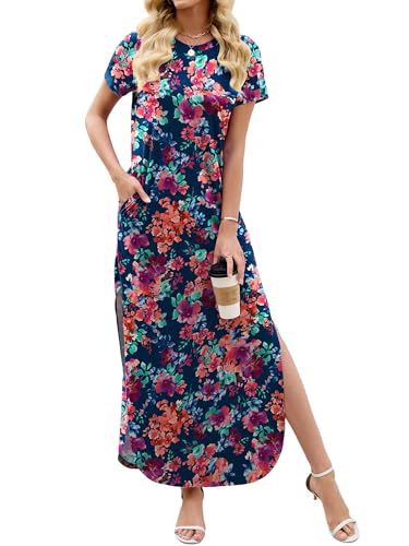 Image of Heymoments Womens Summer Maxi Dress Short Sleeve Casual Loose Long T Shirt Split Vacation Beach Sundress with Pockets
