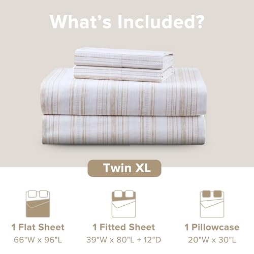 Comfort Spaces 100% Cotton Sheets Twin XL, Breathable, Naturally Cool Cotton Sheets, Cotton Bed Sheets with 12" Elastic Pocket Fits up to 14" Mattress, All Seasons Sheet Set, Good Vibes Taupe 3 Piece
