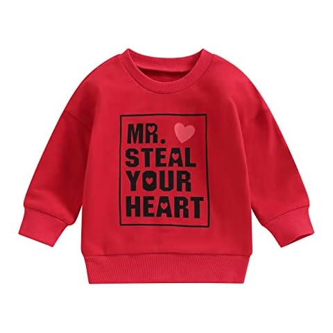 Qtinghua Toddler Baby Boy Girls Valentine's Day Sweatshirt Long Sleeve Crewneck Letters Heart Print Pullover Top (Mr. Steal Your Heart#Red , 12-18 Months ) Cover