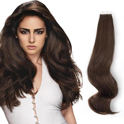 ABH AmazingBeauty Hair Semi-permanent Tape Attached Real Remi Remy Human Hair Extensions Tape in 50g 20pcs Invisible Seamless Reusable Skin Weft Dark Brown Color 2 18 Inch