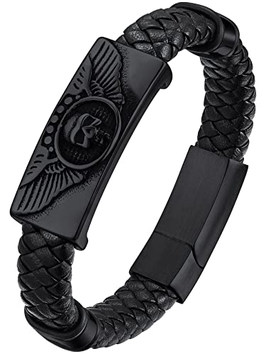 ChainsHouse Bracelets Cuir Homme 21 cm Cadeau Fete des Peres Tete de Mort Acier Gourmette Garcon Noir Amulette de Protection Fermoir Magnétique Cadeau Copain...