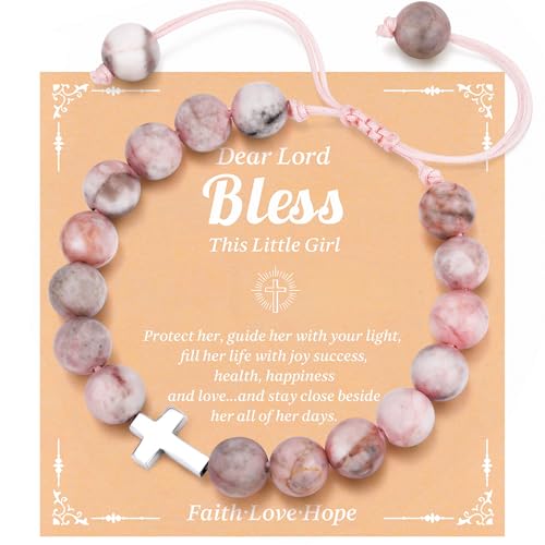 925 Sterling Silver Cross Bracelet for Girls, Christian Gifts for Kids Teens Faith Inspirational Christian Beaded Bracelets Religious Jewelry for First Communion Confirmation Baptism Birthday