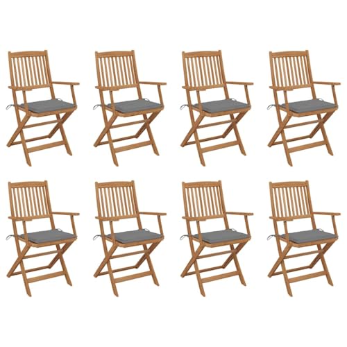 Mimdixy Sillas de camping y terraza, sillas de jardín plegables con cojín, 8 unidades, madera maciza de acacia, sillón de relax para terraza, balcón, jardín, embalaje compacto y fácil montaje