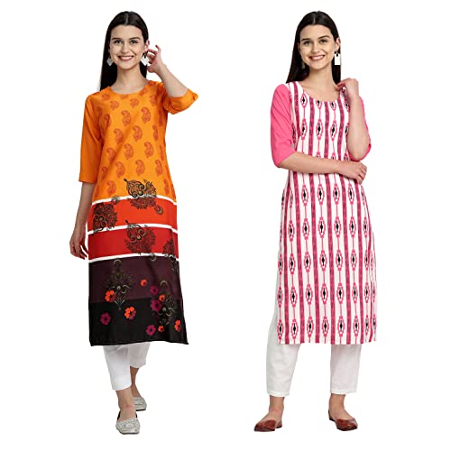 Image of 1 Stop Fashion Women's Crape Multicolor Digital Print Straight Kurtas /Kurtis (Pack of 2)