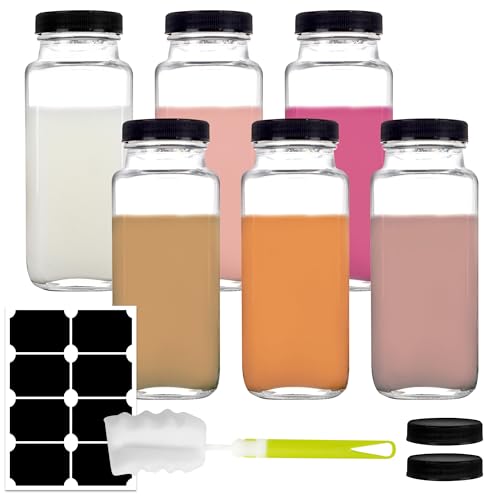 NAWORLI 6 Pack 8 oz Glass Juice Bottles, 250 ml Glass Square Water Bottles with Lids, Reusable Empty Drinking Jars with Labels and Brush for Juice, Smoothies, Kombucha