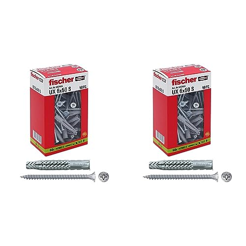 Fischer 50 Tasselli UX con vite, 6 x 50 mm, per Muro pieno, Mattone Forato, Cartongesso, 542455 (Confezione da 2)