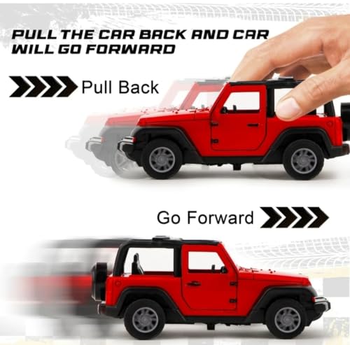 Image of 1:36 Scale Thar Diecast Metal Toy Car - Pullback SUV Model with LED Lights, Sound, Openable Doors - Off-Road Jeep Collectible for Kids Boys Girls Age 3+ Years - Red