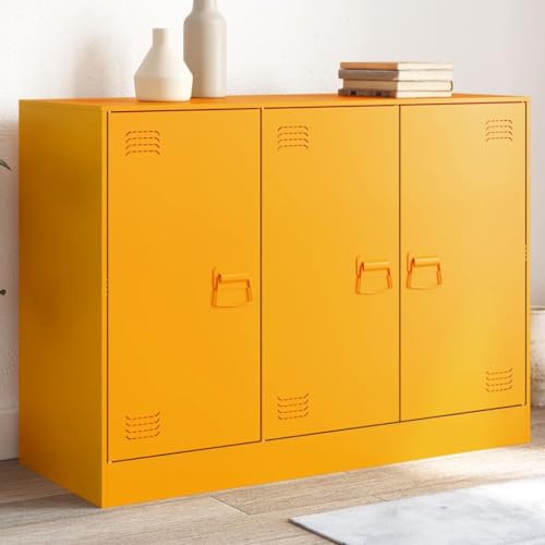IKAYAA Armario de almacenamiento de metal con 3 puertas, armario de metal de acero, aparador de buffet para el hogar, oficina, entrada, cocina, sala de estar, 99 x 39 x 73 cm, acero amarillo mostaza