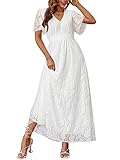 Miessial Women's V-Neck Lace Floral Long Dress Embroidery Formal Wedding Guest Maxi Dress C-White Large
