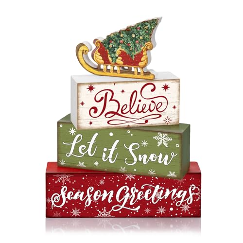 Britimes 4 Pcs Sleigh Christmas Tree Wooden Tiered Tray Decor Set, Farmhouse Rustic Holiday Decorative Stack Block Sign Wonderful Time Table Centerpieces for Home Shelf Table Decorations (Sleigh Tree)