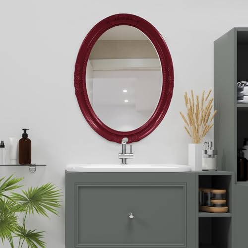 Image of Howard Elliott Collection Queen Ann Oval Glossy Burgundy Wall Mirror, Oval Bevelled Hanging Wood Framed Vanity Mirrors for Home Decor, Living Room, Bathroom, Bedroom, or Hallway, 25 x 33 Inch