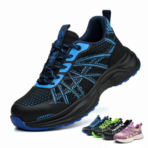 AOACOEBN Sicherheitsschuhe Herren Damen Arbeitsschuhe Leicht Sportlich Stahlkappenschuhe rutschfest Atmungsaktiv Schutzschuhe, Blau, 43 EU