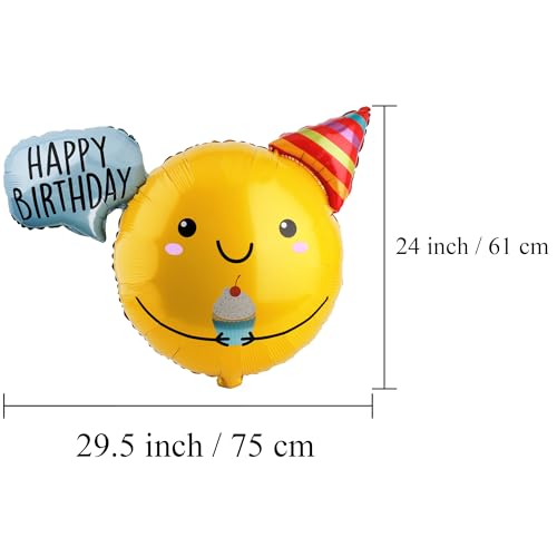 Image of Happy Birthday Balloon, Birthday Decorations for Kids, 30 Inch Foil Balloon Party Supplies with Ribbon, Photo Backdrop, Yellow Smiley Face Design, 1 Pack