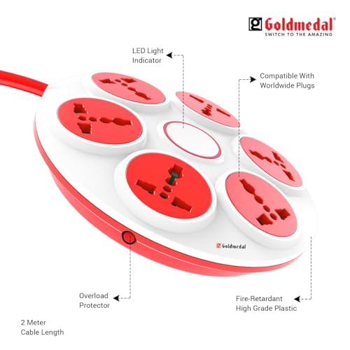 Image of COPPE-RICO Goldmedal 360 Degree Power Strip (White) Pack of 1, 6-Outlet International Sockets, 3-Pin 2 Meter Cable, Master Switch with Led Light Indicator and Overload Protector for Home & Office