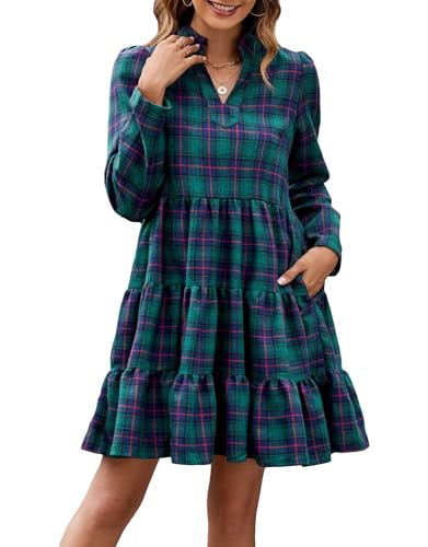 Women's Plaid Print Tunic Dress Long Sleeve V Neck Loose Shirt Dress Ruffle  Hem Casual Swing Babydoll Christmas Dress Green at Amazon Women's Clothing  store