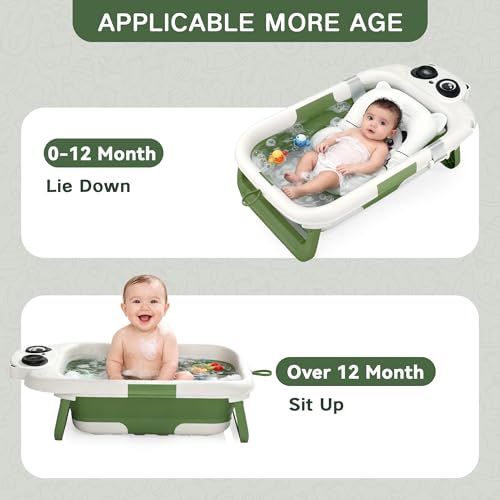 Image of Foldable Baby Bathtub for Newborn to Toddler (0-24 Months), Portable Baby Bath Tub for Travel, Collapsible Baby Tub with Soft and Supportive Cushion (Panda-Green)
