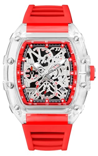 BESTKANG Fashion Hollowed Men Watches Transparent Tonneau Analog Display Quartz Date Waterproof Male Wrist Watch (Red)