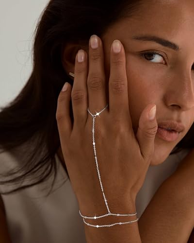 Moodear Sterling Silver Dainty Ring Bracelet Hand Chain for Women - 14K Gold Plated/Sterling Silver Layered Adjustable Satellite Bead Paperclip Dot CZ Link Hand Chain Bracelets Non Tarnish Trendy Jewelry Gift2