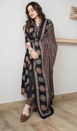 Image of Arayna Women's Pure Cotton Intricate Block Printed Ethnic Wear Kurta Set with Palazzo & Dupatta