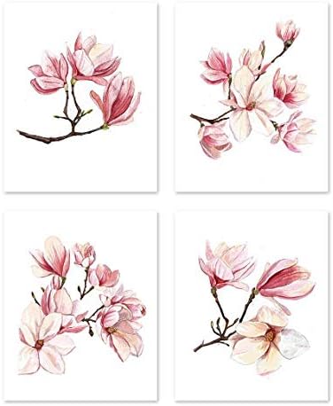 Magnolia wall art #A127 - Set of 4 (8x10) art prints. Magnolia poster tree.Pink flowers posters. Wall Decor Home Botanical Nature Prints Floral