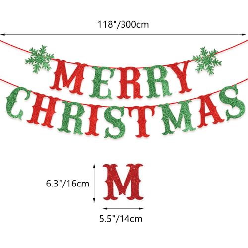 Yahpetes Merry Christmas Banner Red & Green Glittery Christmas Bunting Garland Snowflake Party Supplies Christmas Party Set for Home Outdoor Indoor Holiday Fireplace Mantel