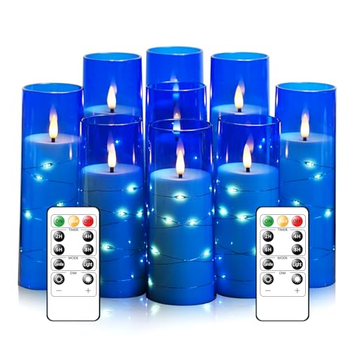 kakoya Flameless LED Candles with Timer 9 Pc Flickering Flameless Candles for Romantic Ambiance and Home Decoration Stable Acrylic Shell,with Embedded Star String，Battery Operated Candles（Blue）