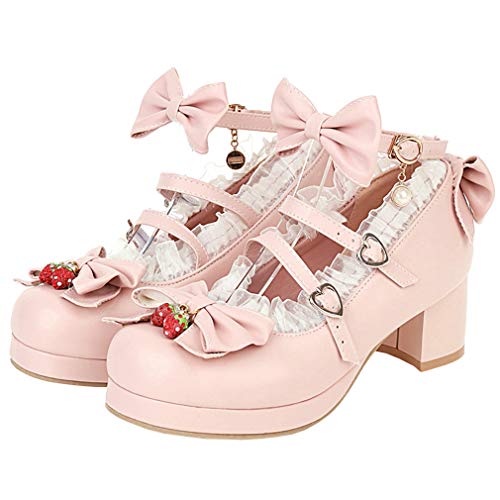 Parisuit Womens Mary Jane Chunky Heel Platform Pumps Bowtie Heart Strap Lace Kawaii Maid Shoes - Main Image