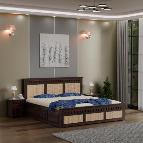 Image of Sheesham Wood Queen Size Bed with Storage Wooden Double Bed Cot Palang Furniture for Bedroom Living Room Home Hotel (Walnut Finish) 1 Year Warranty
