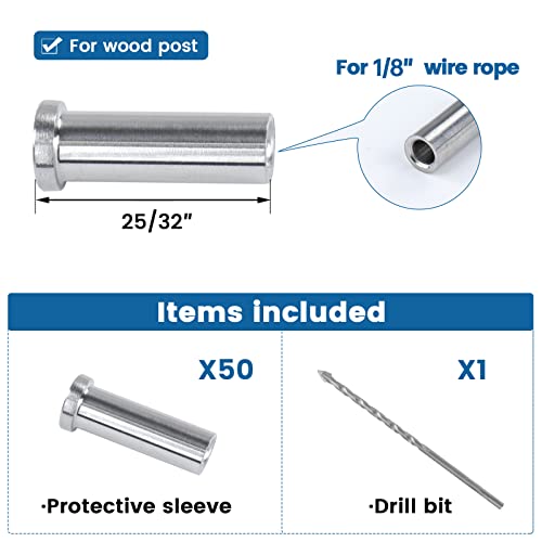 Muzata 50Pack Stainless Steel Protective Sleeves Cable Railing Kit Hardware For Wood Posts For 1/8" Wire Rope Cable T316 Marine Grade Deck Railing Cr13,Cp1 #TOP1