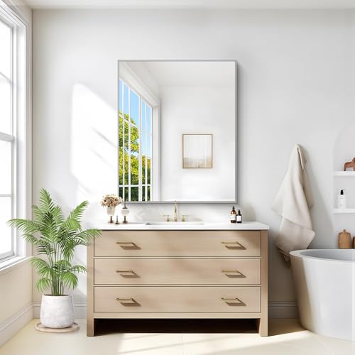Image of COFENY Silver Bathroom Mirror for Wall, 30x36 Inch Rectangle with Metal Frame, Modern Vanity for Bathroom Living Room, Entryway Hangs Horizontal or Vertical