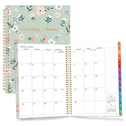 SUNEE Monthly Planner 2026-2027 - 18 Months Calendar Planner from Jul 2026 to Dec 2027, 7"x10" Yearly Planner with Tabs, Spiral Binding, Organizer for School Office Home, Green Wildflowers