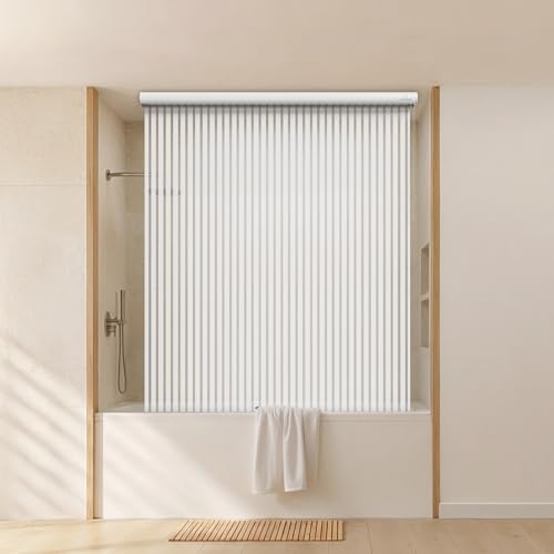 Jakooz Ceiling Mounted Rollup Bathroom Shower Curtain/Liner 56" Base – Up to 95" Long - Use for 9' Ceilings – Waterproof PEVA – Plastic Shower Curtains for Bathroom – No Rod, Hooks or Rings (Stripe)