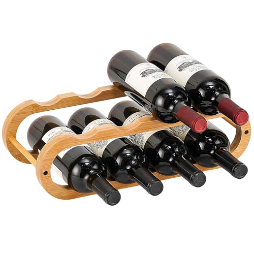 Navtcow Wine Rack and Water Bottle Organizer 2 in 1 for Cabinet and Countertop - Adjustable in 2 Sizes (Bamboo 2 Tier)