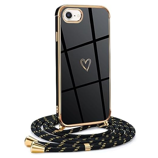 Mkej Frauen Mädchen Handykette Kompatibel mit iPhone 8 - Silikon Hülle mit Band - Handyhülle für iPhone 8 Herz Love Design Galvanik - Hülle mit Kordel in schwarzes Gold