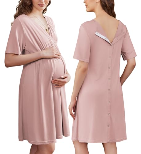 Image of Ekouaer Labor and Delivery Gown for Hospital Short Sleeve Maternity Nursing Dress Nightgown with Button S-XXL
