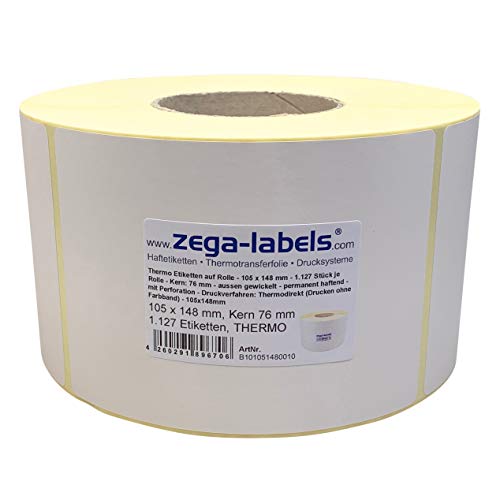 Thermo Etiketten auf Rolle - 105 x 148 mm - 1.127 Stück je Rolle - Kern: 76 mm - aussen gewickelt - permanent haftend - mit Perforation - Druckverfahren: Thermodirekt (Drucken ohne Farbband)