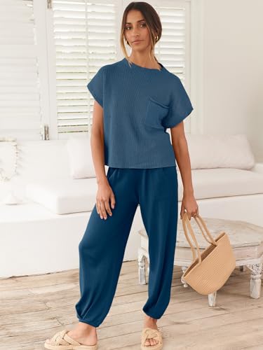 Image of ANRABESS Women's Two Piece Outfits Sweater Sets Knit Pullover Tops and High Waisted Pants Tracksuit Lounge Sets