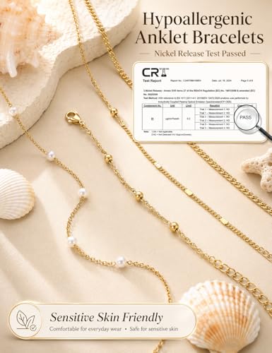 Image of LOYALLOOK Ankle Bracelets for Women Waterproof, 14K Gold Plated Cuban Figaro Link Chain Beaded Anklets Set, Dainty Layered Anklets for Women Non Tarnish Summer Beach Foot Jewelry Adjustable Size