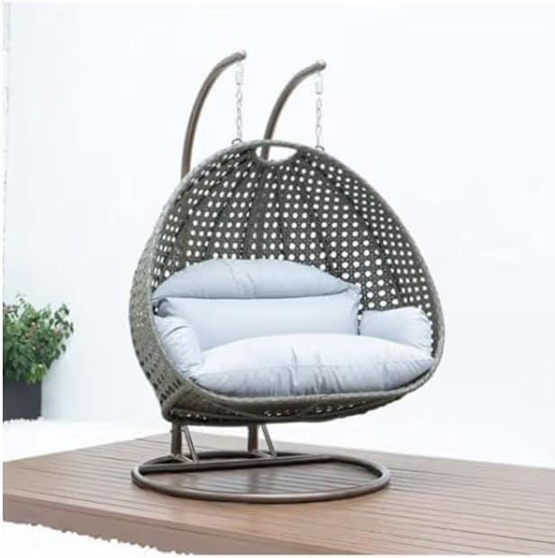 Image of Double Seater Hammock Swing Chair with Stand & Cushion | Heavy Duty Powder Coated Steel Frame | Outdoor Indoor Hanging Swing for Patio Balcony Garden Terrace Living Room (Brown-White)