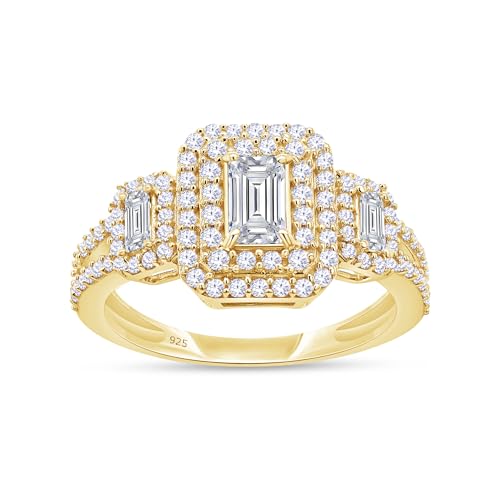 AFFY Bridal Engagement Ring Set Emerald and Round Cubic Zirconia Ring for Women in 14k Gold over Sterling Silver